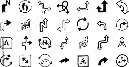 Collection of black and white directional arrow icons and road sign symbols