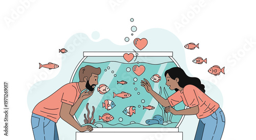 Couple Admiring Fish Tank with Hearts, Symbolizing Love and Togetherness