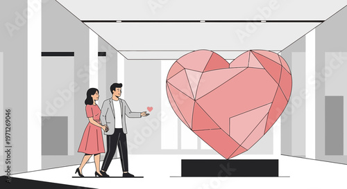 Couple Admiring Giant Pink Crystal Heart Sculpture in Modern Art Gallery