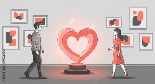 Couple Admiring Glowing Heart Sculpture in Art Gallery