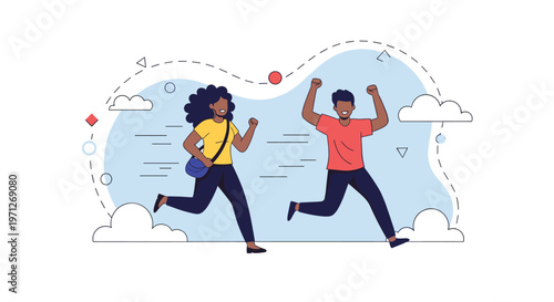 Two people running and jumping with great excitement and joy to celebrate a victory or successful achievement.