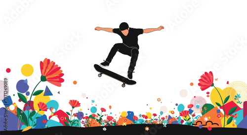 Skateboarder jumping high in the air performing a trick above a vibrant garden filled with colorful abstract flowers.