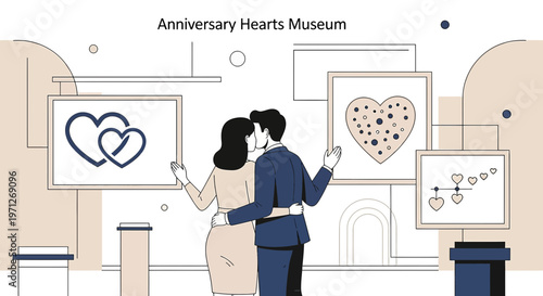 Couple admiring heart art in anniversary museum, love symbols