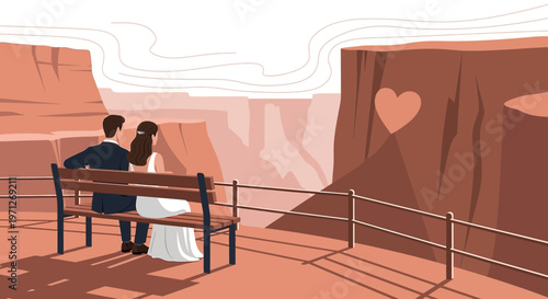 Couple admires Grand Canyon with heart carving, symbolizing love and commitment