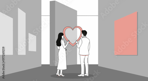 Couple Admiring a Heart-Shaped Mirror in Modern Art Gallery