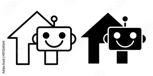 Smart home robot icon set with home automation technology concept outline and solid style icons
