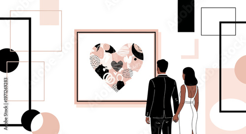 Couple Admiring Abstract Heart Art in Gallery