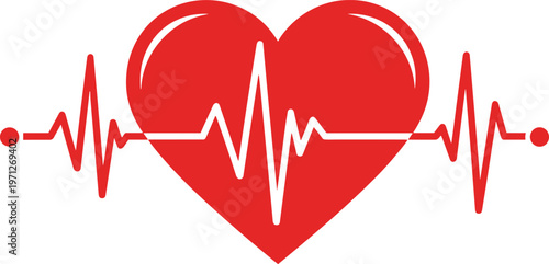 Red heart with white electrocardiogram line symbolizing heartbeat, cardiovascular health, vitality, medical wellness, and life care design illustration