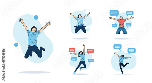 Multiple colorful figures jumping for joy and celebrating success with chat bubbles showing positive communication.