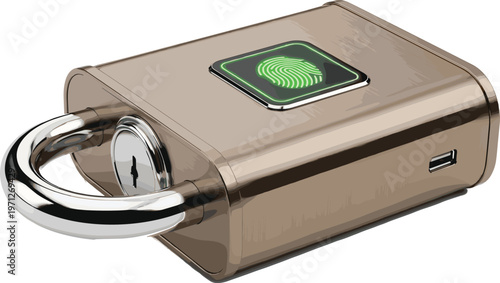Modern smart padlock with biometric fingerprint scanner, chrome shackle, secure technology design symbolizing innovation in personal property protection