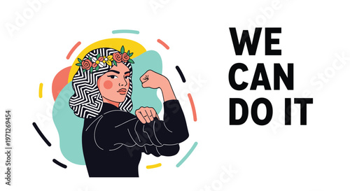 Strong woman in a hijab flexing her arm next to text that says we can do it, representing empowerment and strength.