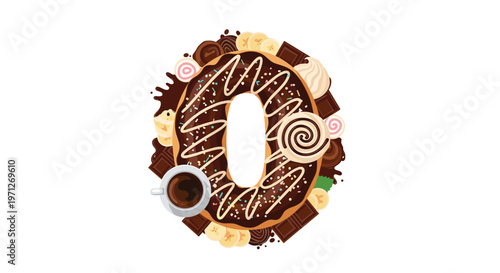 Number zero composed of a delicious chocolate donut surrounded by various sweets like cookies, chocolates, and banana slices.