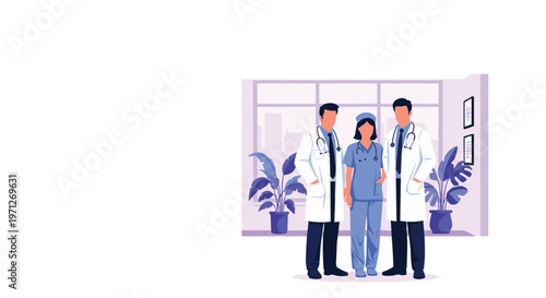 Three medical professionals including two doctors and one nurse standing confidently in a modern hospital room with plants.