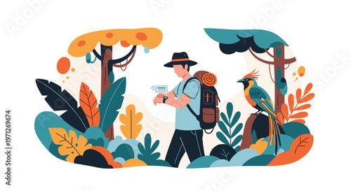 Hiker with a large backpack checks his watch while walking through a colorful forest with various tropical plants and a bird.