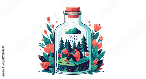Girl sitting alone inside a large glass bottle with a small forest and a raining cloud, symbolizing sadness and isolation.