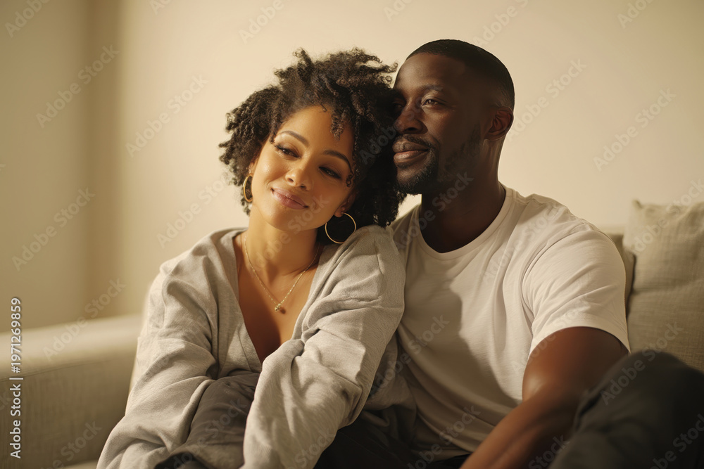 Obraz premium A cozy, intimate scene of a couple cuddling on a couch, conveying love and affection as they share a tranquil moment together in a warm, relaxed environment.