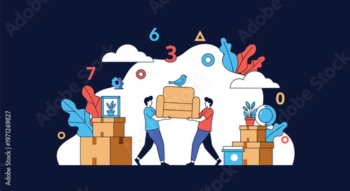 Team of movers carrying a couch and boxes in a dark blue space filled with abstract shapes, numbers, and plants.