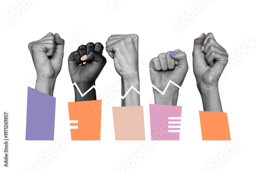 Photography Creative poster collage of girls raise fists fight against sexism woman rights i