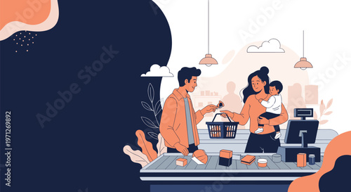 Young couple with their small child at a supermarket checkout counter buying various grocery items on a conveyor belt.