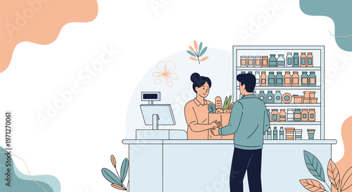 Cashier serving a customer at a grocery store checkout with shelves of bottled products and decorative leaf patterns.