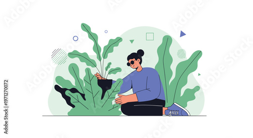 Person wearing sunglasses and a purple shirt sitting peacefully among giant green leaves in a tropical jungle setting.