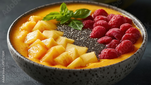 Fresh Smoothie Bowl with Fruits and Seeds on a Dark Background