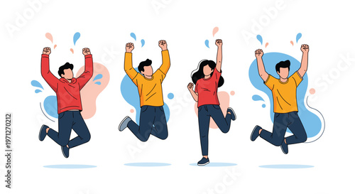 Group of four diverse people jumping high into the air with their arms raised in excitement and pure happiness.