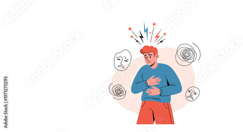Man clutching his chest in pain with icons of sad masks and swirling lines representing stress and emotional distress.