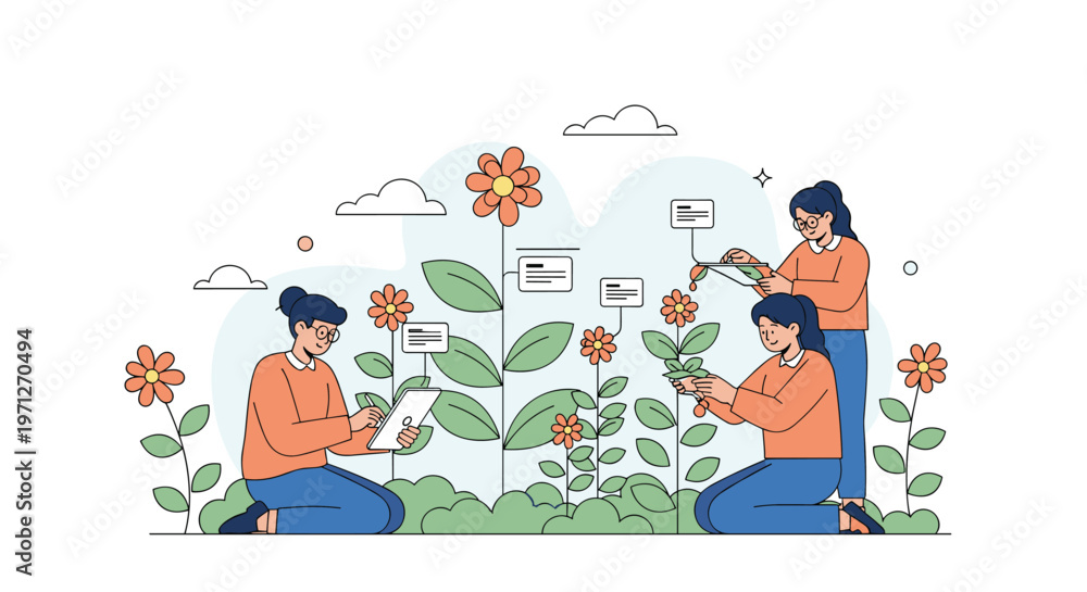 Fototapeta premium Group of professional scientists or biologists examining giant flowers and plants while recording data on digital tablets.