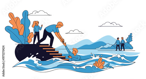 Man reaching down from a platform to help another man climb out of stormy blue water during a rescue mission in the ocean.