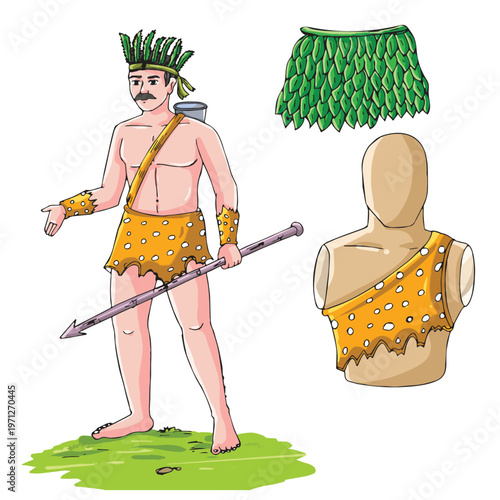 Cute cartoon hand drawn vector ancient man and his dress clipart.