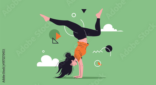 Athletic woman performing a handstand yoga pose on a bright green background with various abstract shapes and icons.