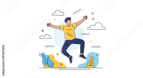 Cheerful young man jumping high in the air with arms outstretched against a creative background with abstract shapes and clouds.
