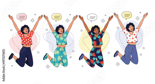 Group of diverse happy women jumping with excitement and joy while holding colorful speech bubbles to celebrate their success.