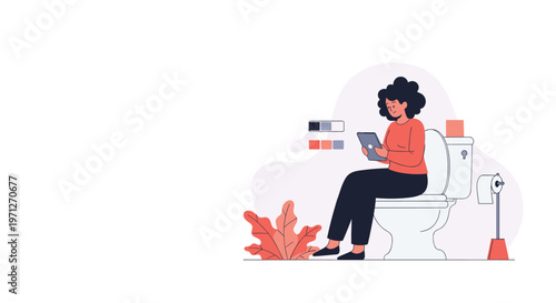 Young woman sitting on a white toilet while using a digital tablet for entertainment or work in a simple modern bathroom.