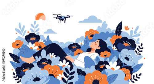 Peaceful woman lying down in a beautiful field of large blue and orange flowers while a modern drone flies overhead in the sky.