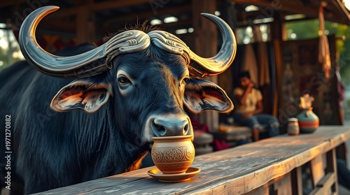 Large black buffalo standing on green grass in rural field
