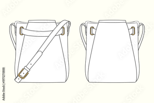 Structural Belted Crossbody Bucket Bag Technical Flat Sketch