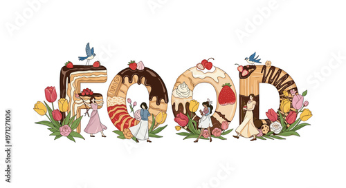 Decorative word food illustrated with delicious cakes, donuts, pastries, and tiny women characters enjoying sweet treats.