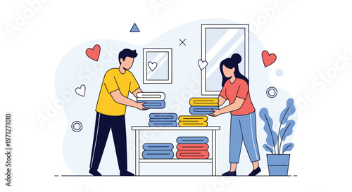 Happy couple folding colorful laundry together in a room decorated with floating hearts to show their shared domestic life.