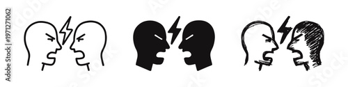 Arguing Heads Icons Set. Conflict, Disagreement, and Anger Symbols.