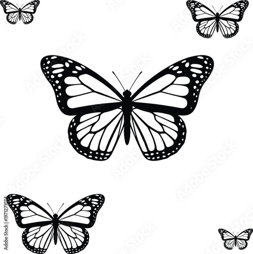 Black and white monarch butterfly silhouettes with detailed wing patterns ideal for nature and graphic design projects.