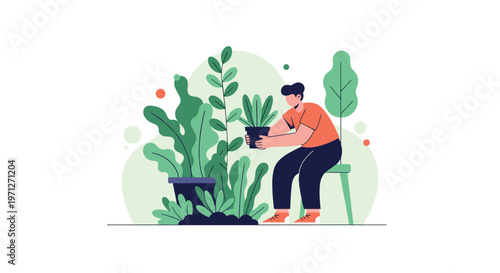 Man sitting on a small stool while carefully holding and tending to a potted plant in a lush green garden filled with foliage.