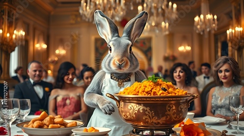 Colorful festive Easter table with painted eggs, flowers and food on rustic wooden background
