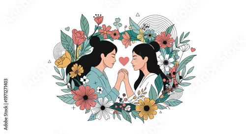 Two women in profile holding hands within a beautiful circular wreath of colorful flowers to represent their loving relationship.
