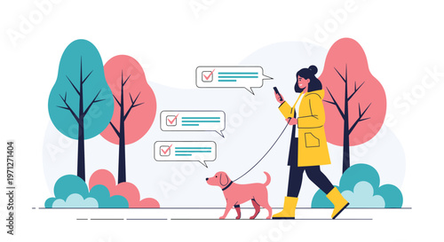 Woman walking her dog through a colorful park while using her smartphone to check off items from a digital list or app.