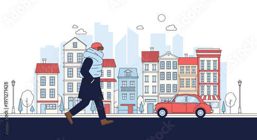 Person walking quickly down a city street with colorful urban buildings and a vintage red car parked along the sidewalk.