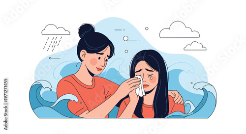 Kind woman wiping away the tears of a crying friend to offer emotional support and comfort against a blue wave background.