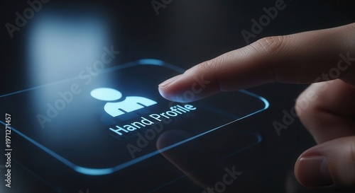 Finger selecting Hand profile icon on transparent interface, soft glow, dark background