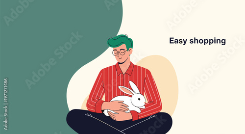 Young man sitting comfortably cross-legged and gently holding a cute white rabbit with text easy shopping on the background.